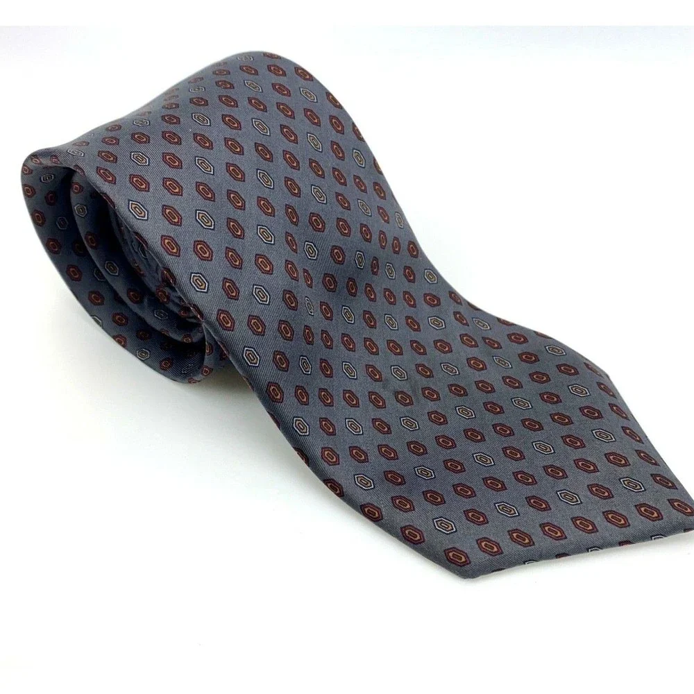 LANVIN Tie Geometric Gray Burgundy Blue White Orange Silk Mens Vintage Necktie